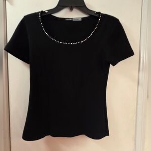 Black Short-Sleeve Scoop Neck Top with Rhinestone Trim